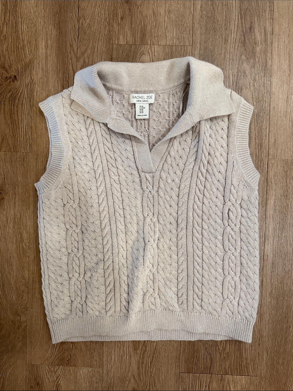 Rachel Zoe Cream Cable-Knit Sleeveless V-Neck Polo Sweater Vest